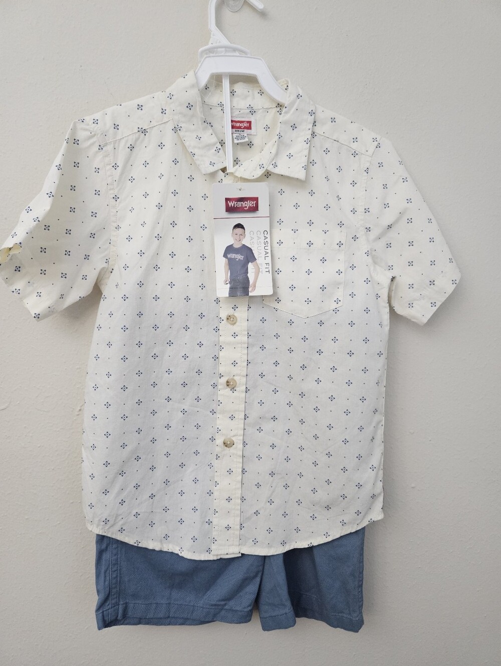 Kids Wrangler Cream Short-Sleeve Button-Up Shirt with Navy Micro Print Size 7